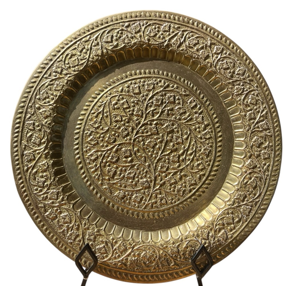 Vintage 14" Ornate Etched Brass Wall Hanging Tray, Moroccan/Persian Boho Decor